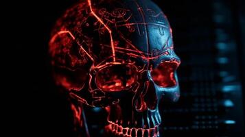 Human skull model image, stock market or forex trading charts and network. Generative AI. photo