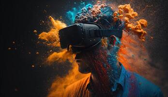 Young man using virtual reality headset. VR glasses, futuristic, technology, online education, education, video game concept. Generative AI. photo