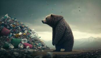 A giant bear with a huge pile of trash. Concept of saving the world. Generative AI. photo