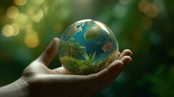 Human hands holding earth sphere crystal  with sunlight, green nature background, concept of conservation environmental. AI Generative. photo