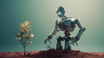 Robot holding a light bulb with a small plant on the ground and sunlight, Concept of saving energy with nature. . photo
