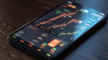 Smart phone mock up with trading applications designed 3D. . photo