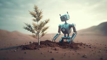 Robot holding a light bulb with a small plant on the ground and sunlight, Concept of saving energy with nature. . photo