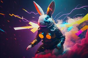 A rabbit wearing a VR suit that floats even in abstract. Generative AI. photo