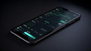 Smart phone mock up with trading applications designed 3D. Generative AI. photo