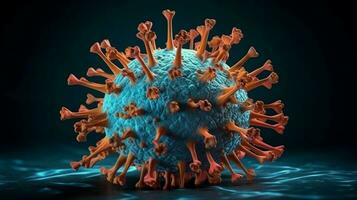 coronavirus pandemia riesgo concepto de el codicioso 19 virus enfermedad virus microscopio cerca arriba vista, 3d ilustración. generativo ai. foto