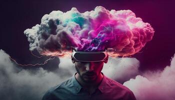 Artistic illustration of human brain, VR glasses, lightning, full of knowledge and creativity. Ai generative. photo