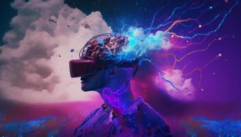 Artistic illustration of human brain, VR glasses, lightning, full of knowledge and creativity. Ai generative. photo