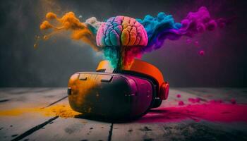 Artistic illustration of a human brain exploding with fantasy dust with knowledge and creativity. AI Generative. photo