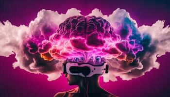 Artistic illustration of human brain, VR glasses, lightning, full of knowledge and creativity. Ai generative. photo