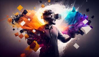 Young man using virtual reality headset. VR glasses, futuristic, technology, online education, education, video game concept. Generative AI. photo