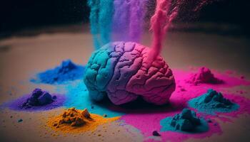 Artistic illustration of a human brain exploding with fantasy dust with knowledge and creativity. AI Generative. photo