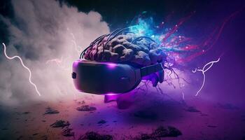Artistic illustration of human brain, VR glasses, lightning, full of knowledge and creativity. Ai generative. photo