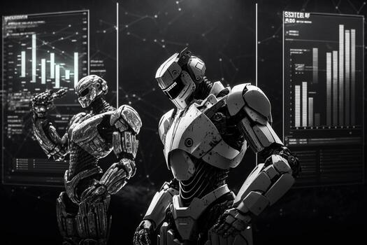 Future business 3d technology robot and stock chart traders, stock chart analysis to beat the market. . photo