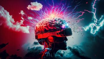 Artistic illustration of human brain, VR glasses, lightning, full of knowledge and creativity. Ai generative. photo