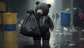 A bear in a suit holding a garbage bag stands among piles of plastic waste looking for food and shelter, Concept of saving the world. . photo