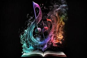 Musical notes from an ancient book of songs on open book background.. photo