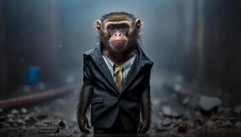 A monkey standing among the piles of plastic waste and the rain,Concept of saving the world. Generative AI. photo