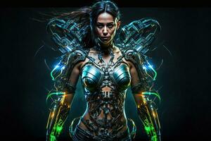 Female warrior wearing armor,Ready for battle,on a dark background. Generative AI. photo