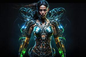 Female warrior wearing armor,Ready for battle,on a dark background. . photo