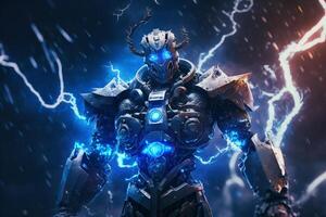 Robot wearing glasses VR ,futuristic tactical armor,VR helmet and weapons standing on a science fiction background. . photo