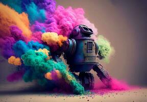 Robot disposing of smoke bombs on a colorful background.Bomb disposal robot concept in war. Generative AI. photo