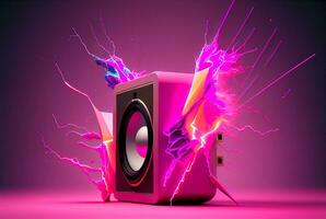 The picture of the loud speaker explodes, beautiful colors, magnificent work. Generative Ai. photo