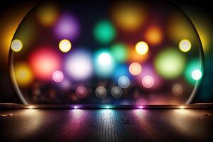 Bokeh background image foreground of an old wooden table, out of focus, ready for editing for product display. . photo