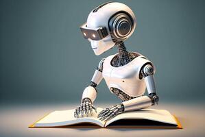 modern Concept of robots reading a book to study biographies. Generative AI. photo