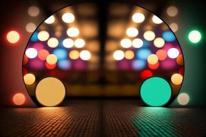 Bokeh background image foreground of an old wooden table, out of focus, ready for editing for product display. . photo