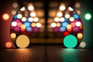 Bokeh background image foreground of an old wooden table, out of focus, ready for editing for product display. generative ai. photo