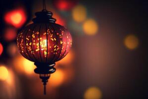 Happy Chinese New Year 2023 greeting card with traditional asian lanterns on red glowing banner background. . photo