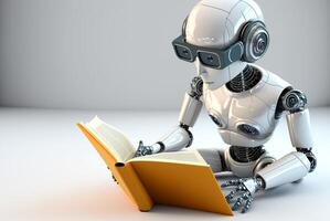 modern Concept of robots reading a book to study biographies. Generative AI. photo