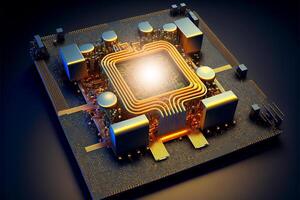 Micro CPU on circuit board with yellow lighting 3D. photo