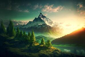 Amazing views of the mountains with Golden sunrise in the early morning. generative AI. photo