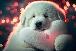 Beautiful dog with heart shaped pillow.  generative AI. photo