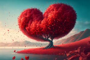 Red Heart tree background,red trees wallpaper.  Generative Ai photo