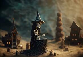 Skeleton witch with black castle on small hill and grave Halloween festival concept. AI Generative. photo