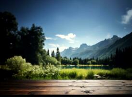 Empty wooden table decorated with meadow blurred lake and mountain view background. AI Generative. photo