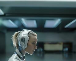 Futuristic AI Android in cinematic lighting photoreal real. AI Generative. photo