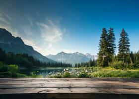 Empty wooden table decorated with meadow blurred lake and mountain view background. AI Generative. photo