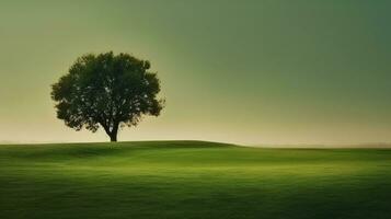 Green meadow and alone green tree. AI Generative. photo
