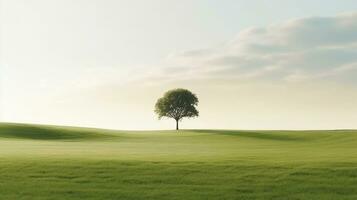 Green meadow and alone green tree. AI Generative. photo