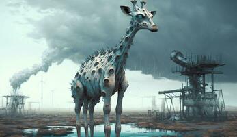 giraffe standing in front toxic mass from chemical. Generative AI. photo