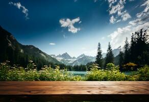 Empty wooden table decorated with meadow blurred lake and mountain view background. AI Generative. photo