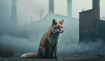 the fox is ahead dense smog from a chemical factory. Generative AI. photo
