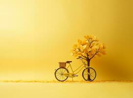 Antique bicycle with plants on reddish green background Cycling to reduce car use and reduce global warming. Generative AI. photo