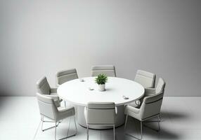 Interior of gray conference room with table and white chairs, empty space for text. AI Generative. photo