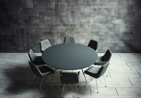 Interior of gray conference room with table and white chairs, empty space for text. AI Generative. photo