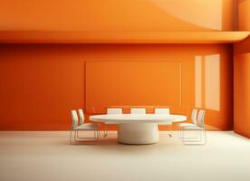 Interior of orange conference room with table and white chairs, empty space for text. AI Generative. photo